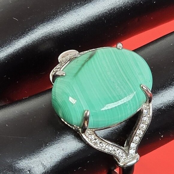 925 Sterling Silver Ring Sz 8.5 with Natural Malachite & CZ - Picture 4 of 15